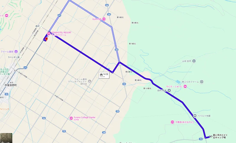 キャンプ場からスーパーまでの地図