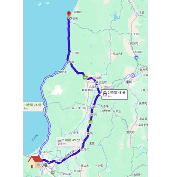 札幌からとままえ夕陽が丘オートキャンプ場までの経路と所要時間