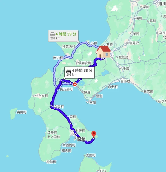 自宅がある札幌から恵山海浜公園キャンプ場までの所要時間
