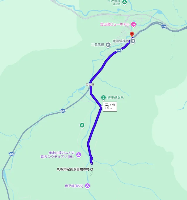 定山渓自然の村からファミリーマートまでの経路