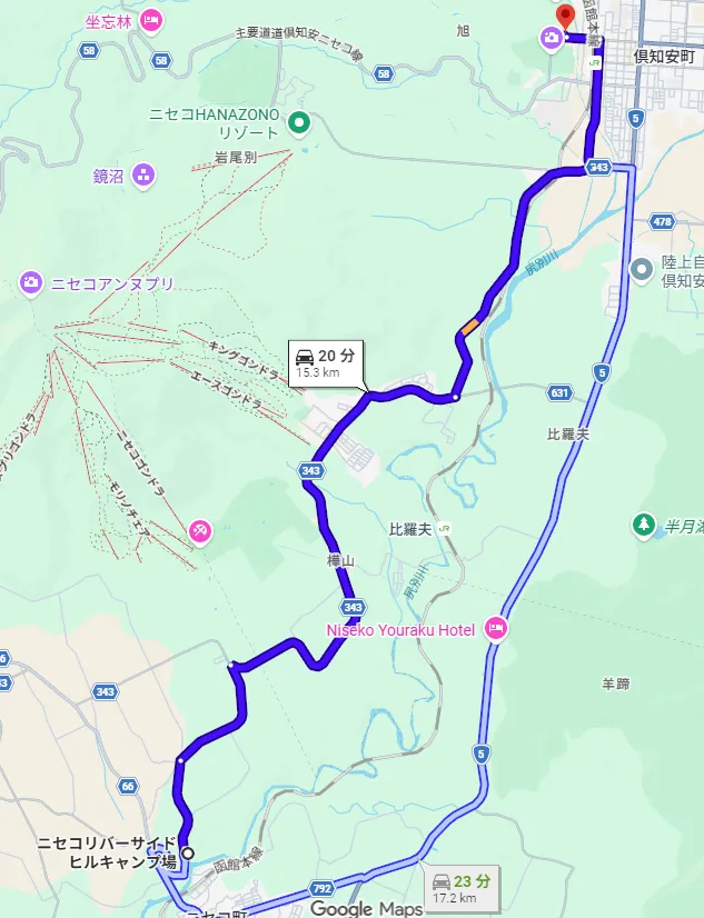ニセコリバーサイドヒルキャンプ場から二世古酒造までの地図